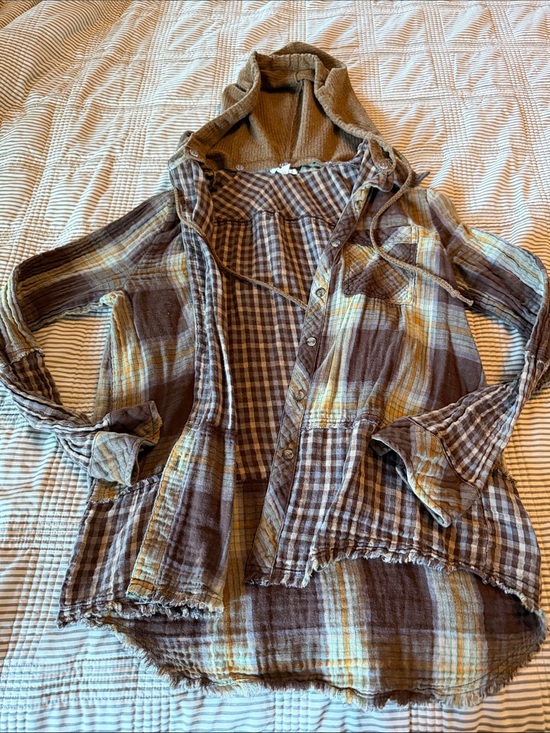 Mystree Tops - Mystree Brown and Cream Plaid Hooded Shirt Jacket